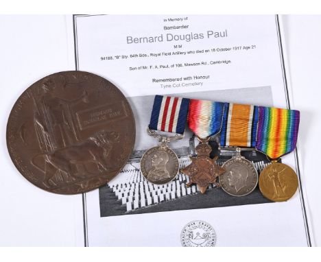 A FIRST WORLD WAR MILITARY MEDAL CASUALTY GROUP TO THE FIELD ARTILLERY. A Great War Group of four comprising Military Medal n