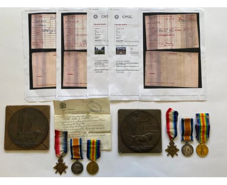 FIRST WORLD WAR TRIOS AND MEMORIAL PLAQUES TO BROTHERS IN THE ROYAL FIELD ARTILLERY. A Great War Trio comprising 1914-15 Star