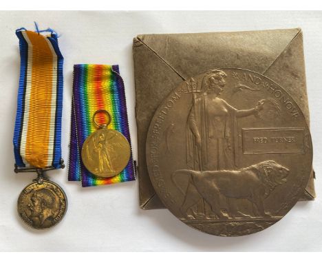 A FIRST WORLD WAR PAIR AND MEMORIAL PLAQUE TO THE WEST YORKSHIRE REGIMENT. A Great War pair comprising War Medal and Victory 