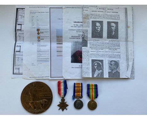 A FIRST WORLD WAR TRIO AND MEMORIAL PLAQUE TO AN OFFICER IN THE ARTILLERY. A Great War Trio comprising 1914-15 Star named to 