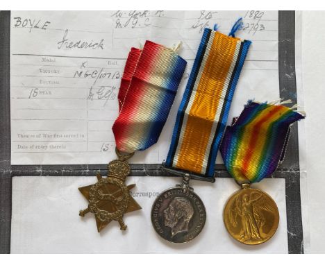 A FIRST WORLD WAR CASUALTY TRIO TO THE MACHINE GUN CORPS. A Great War Trio comprising 1914-15 Star named to 1889 Pte F. Boyle