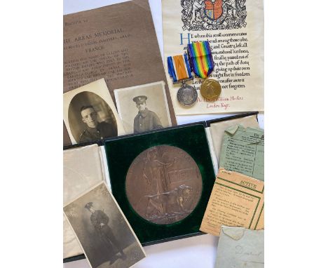 A FIRST WORLD WAR PAIR, MEMORIAL PLAQUE AND SCROLL TO THE LONODON REGIMENT. A Great War Pair comprising War Medal and Victory