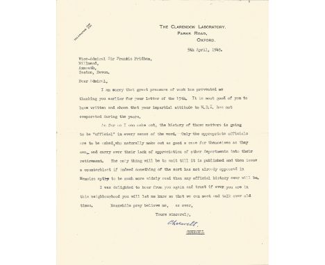 Viscount Cherwell 1949 typed signed letter on personal stationary to Admiral Pridham regarding his attitude to MDI and "histo