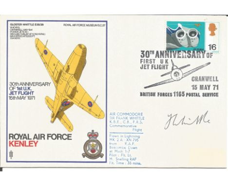 Jet Engine designer Sir Frank Whittle signed 1971 RAF Kenley flown cover with image of Gloster Whittle. Good Condition. All a