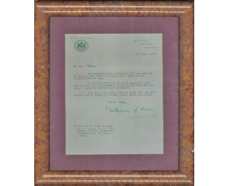 FM Montgomery of Alamein 1946 typed signed letter on War Office letterhead to Gen Sir John Harding regarding the Tour to the 