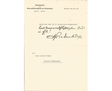 FM Paul von Hindenburg signed 1925 document on his personal Generalfeldmarschall letterhead. Paul Ludwig Hans Anton von Benec