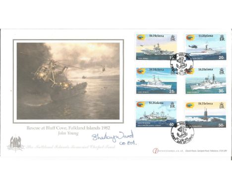 Falklands War Commander Nigel David Sharkey Ward, DSC, AFC signed Internetstamps 10th ann Rescue at Bluff Cove St Helena FDC.