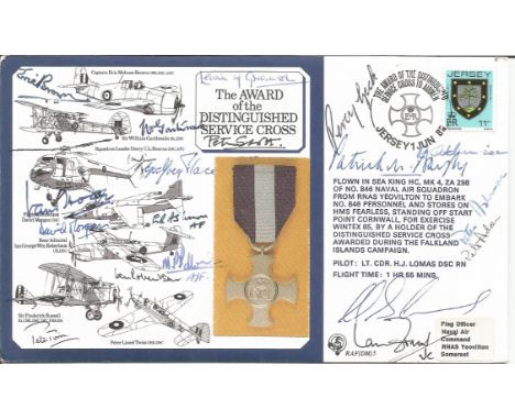 WW2 Award of Distinguished Service Cross cover signed by 18 WW2 DSC medal winners. Includes Eric Brown, Peter Twiss, Godfrey 