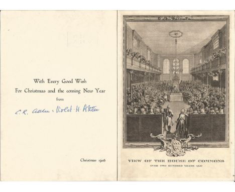 Clement and Violet Atlee signed 1946 Christmas Card. Has illustration of a view of the House of Commons over two hundred Year