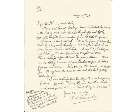 Neville Chamberlain, 16th May 1939 hand written letter on Downing Street headed paper replying to a letter from A Somerville,