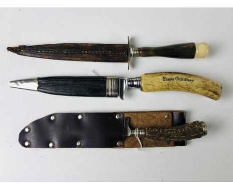 A small 19th Century German Hunting Knife, 3 3/4" steel blade stamped A.W.J. Solenger, with bone handle and modern leather sc