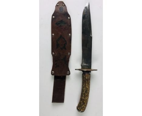 A typical early 19th Century Bowie Knife, with 8 1/2" German steel blade, stamped F. Hichin ?, with bone handle and with engr