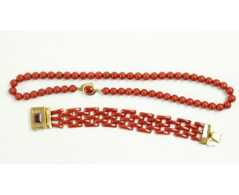 An attractive coral Necklace, with 56 beads, and gold oval clasp and inset coral, approx. 47 cms ; together with a coral link