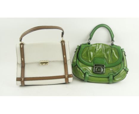 A green leather Handbag, by Celine bearing logo "Celine," on interior, with chrome metalware and green and chrome metal clasp