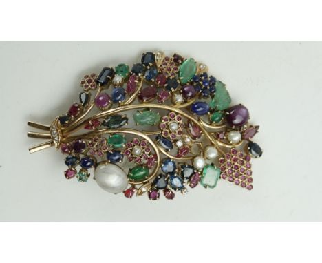 An important "Tutti Frutti" type design Ladies gold Brooch, modelled as a leaf, inset with sapphires, diamonds, pearls, moons