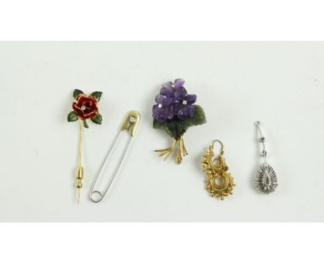 A pair of 9ct gold Earrings; a 14ct gold Pin with enamel decoration, in the shape of a flower head and with small diamond ins