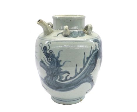 Large Chinese shouldered baluster teapot, the top with four ringlet handles and a spout over the sides painted with a dragon 