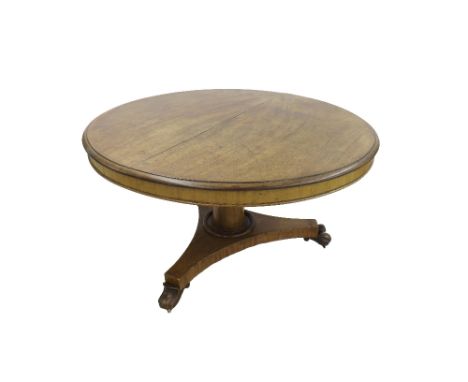 Early Victorian/late William IV mahogany breakfast table, the circular top upon a tapered column, triform plateau and three s