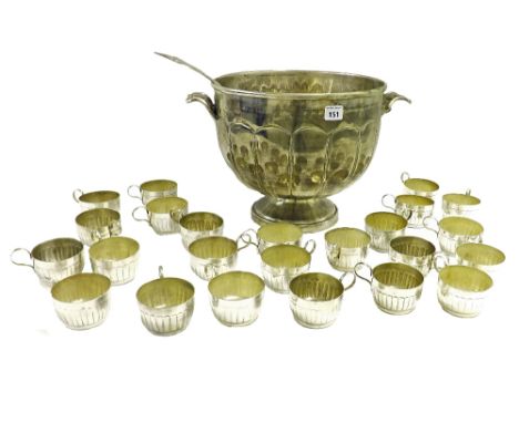Large silver plated twin handled punch bowl, 16" diameter; together with a Continental punch ladle marked WMEN and twenty-fou