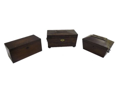 Two similar sarcophagus 19th century tea caddies, one with a part-fitted interior; together with a rectangular tea caddy with