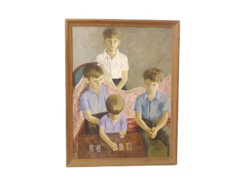 By Warwick Hutton (1939-1994) - portrait of four children playing cards, signed and dated '62, oil on board, 48" x 36", frame