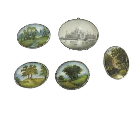 Four various Russian white metal and painted pearl brooches, each depicting a rural landscape, indistinctly signed, 2" x 2.25