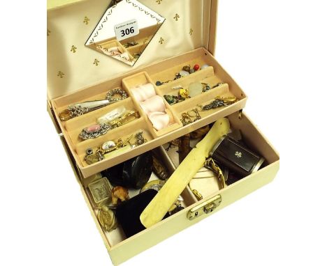 Jewellery box containing a selection of costume jewellery and interesting objects including penknives, snuff box, lady's watc