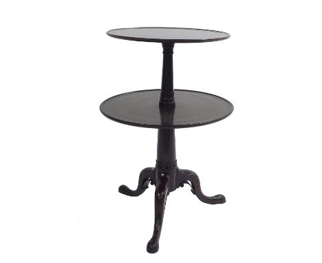 Good Georgian mahogany two tier circular dumb waiter upon a tapered column and three cabriole legs, 38" high