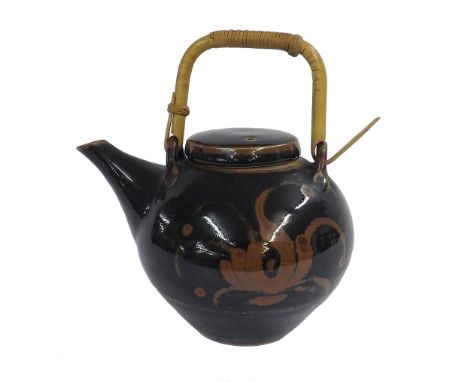 David Leach (1911-2005) - Lowerdown Pottery tenmoku glazed teapot and cover with bamboo swing handle and brushwork decoration