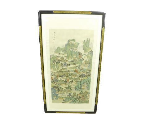 Chinese School - numerous pagoda type buildings in a mountainous landscape, watercolour, calligraphy and seal mark to the top