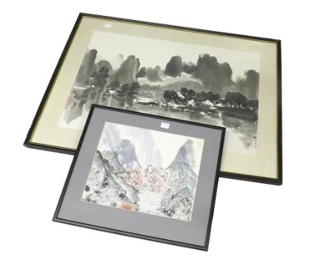 20th Century Chinese School - boat on a lake before a tree-lined village in a mountainous landscape, black and white print, 2