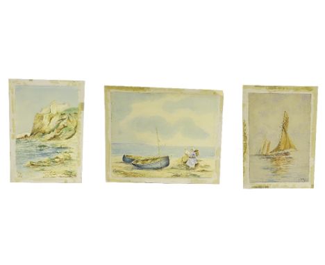 By K* Letoye (English school) - three coastal studies, one dated 1916, the other titled 'Tantallon Castle', watercolours, var
