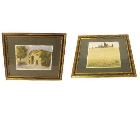 By J* Delacrose - study of a farmhouse and wheat field, signed and dated '91, watercolour, 15" x 17.5", framed; together with