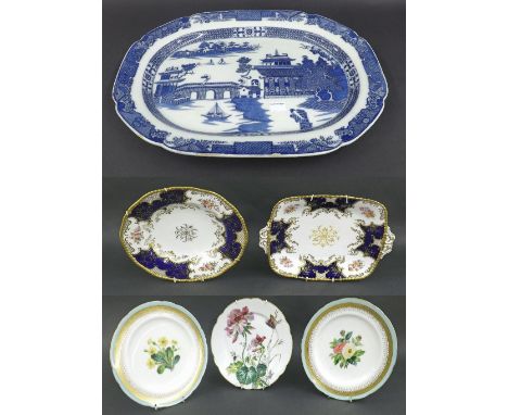 Early 19th century English pearl ware meat plate, transfer printed with pagoda landscapes within diaper and foliate borders, 