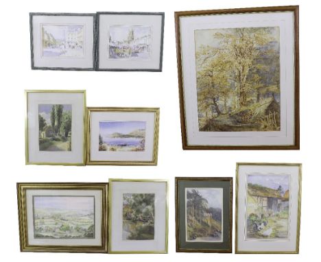 By Albert E Ash (late 19th century) - autumnal landscape with a figure in the woods, signed, watercolour, 21" x 17", framed; 