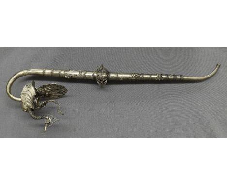 Interesting Eastern white metal novelty pipe, the end modelled as a peacock, 13" long