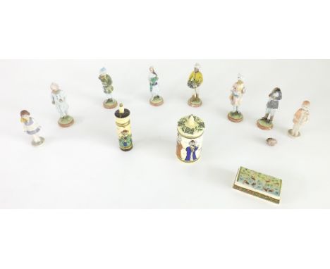 Collection of Mogul School type items to include terracotta figures of servants, snuff bottle, lidded cylindrical pot and snu