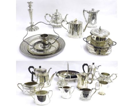 Large collection of silver plated items to include various tea wares; together with a biscuit barrel, candlestick, chargers e