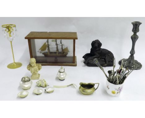 Box of interesting items to include scratch model of a ship, various shell boxes, pewter candlestick, collection of white met