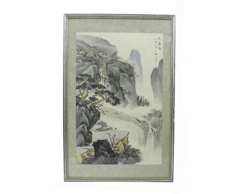 Chinese School - mountainous landscape, watercolour, calligraphy and seal mark to top right hand corner, 26" x 17", framed