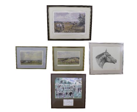 Collection of five coloured prints of horse racing interest to include David Langdon Derby Day with a key to the attendees in
