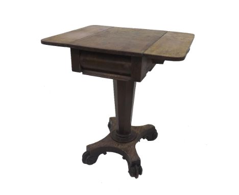 Small Victorian mahogany drop leaf side table, with opposing cushion drawers upon an octagonal tapered column and quatrefoil 