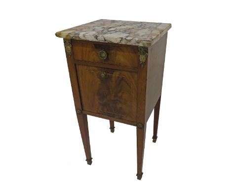 French 19th century marble top flame mahogany pot cupboard, fitted with a single drawer and fall front, enclosing a ceramic l