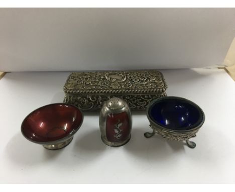 A small silver trinket box Birmingham hallmarks, a Chinese salt with blue glass liner and two sterling danish enamel salts .