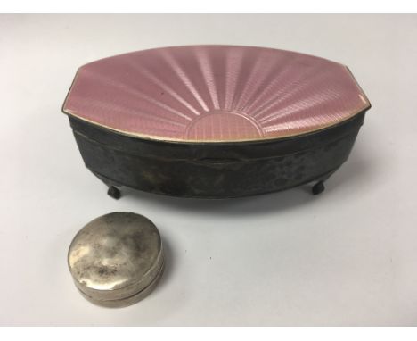 A hallmarked silver and guilloche enamel trinket box plus a small silver rouge box.