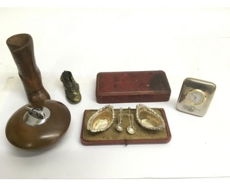 A London silver salt set , model shoes, Robson lighter and clock - NO RESERVE