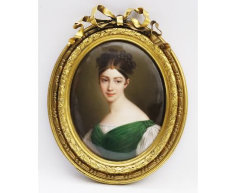 Sophie Lienard (French fl.1842-1860): 'Mme Malibian' bust portrait of a Young Woman, oval miniature on convex porcelain plaqu