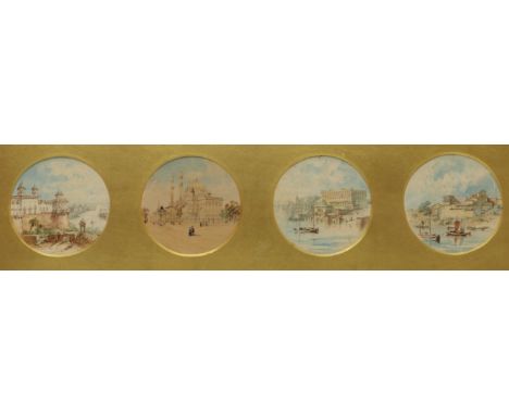 Colonial School (19th century): Game Hunting & Indian Buildings, two sets of four circular watercolours unsigned dia. 8cm in 