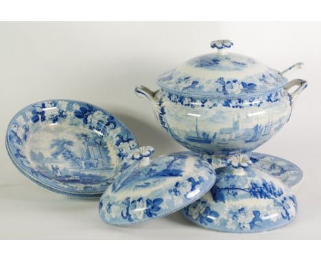 IMPRESSIVE NINETEENTH CENTURY WEDGWOOD BLUE AND WHITE PRINTED POTTERY TWO HANDLED PEDESTAL SOUP TUREEN WITH STAND AND LADLE, 