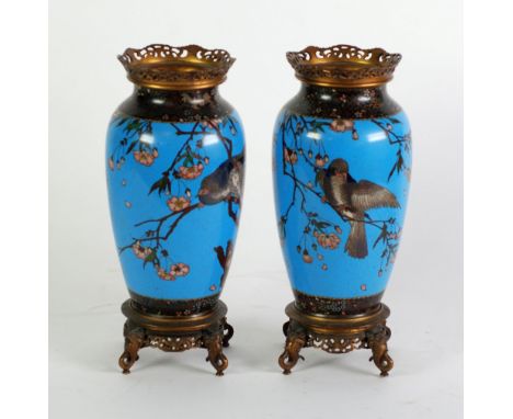 PAIR OF EARLY TWENTIETH CENTURY GILT METAL MOUNTED CHINESE CLOISONNE VASES, each of ovoid form with short waisted neck and pi